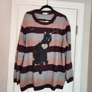 NWT Canda Striped Crew Sweater with Sparkly Black Cat Stars - XL